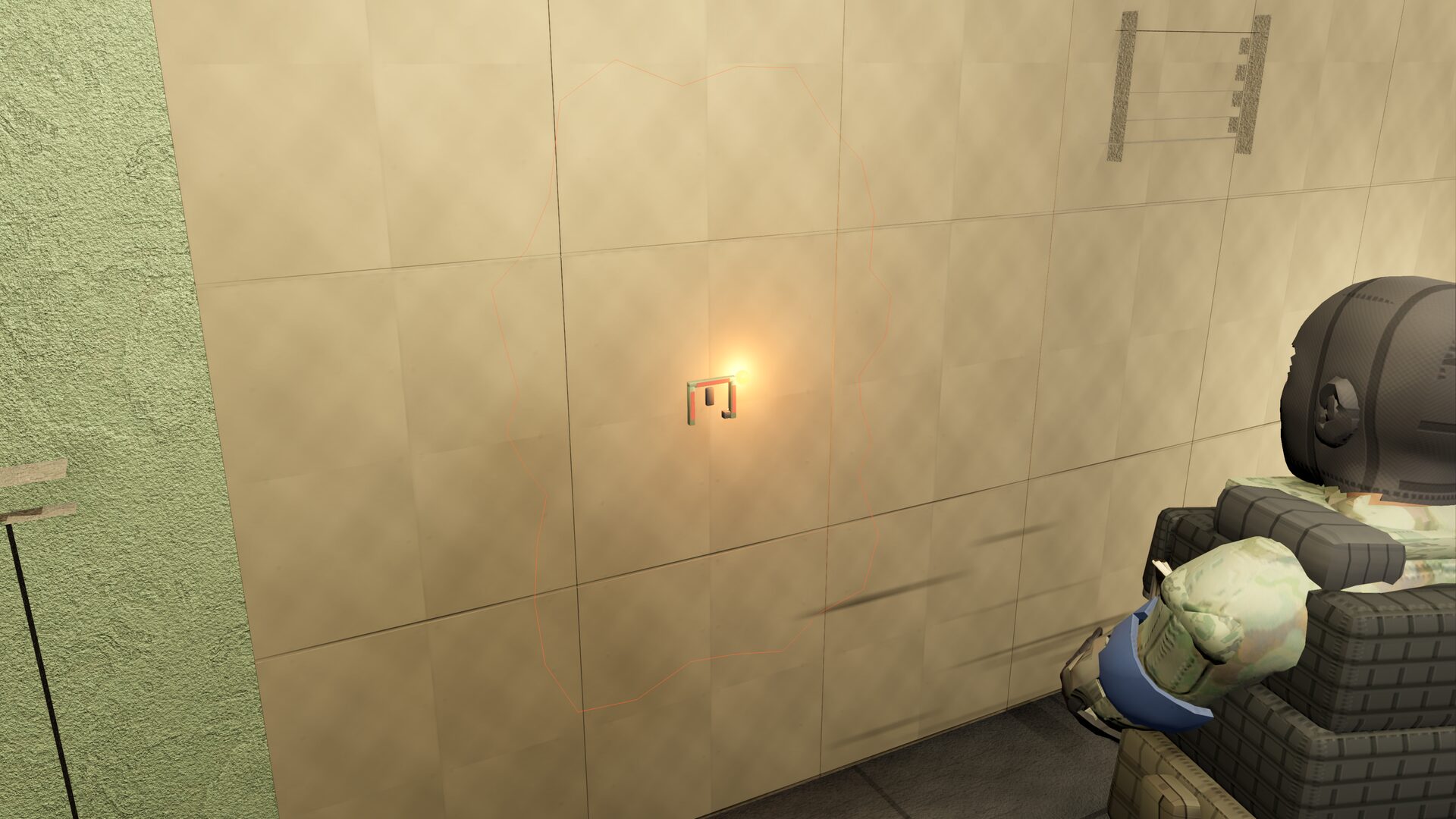 The charge is set and lit, the breach outline sprayed on the panel, the operator backing off.