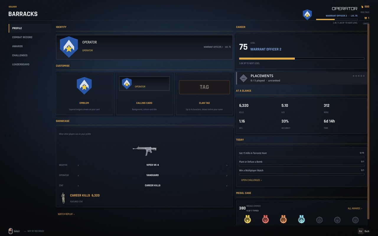 The Barracks screen: a profile panel on the left, and a career column on the right showing level 75, the rank, lifetime kills, win/loss, accuracy and a medal case.