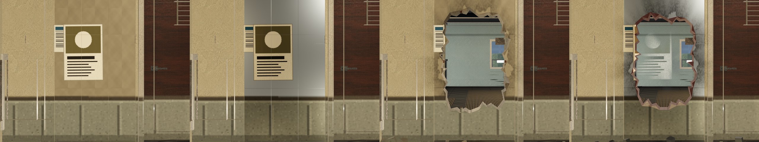 The same wall in four states: intact, reinforced with a metal panel, breached by a charge, and hard-breached with the reinforcement itself cut open