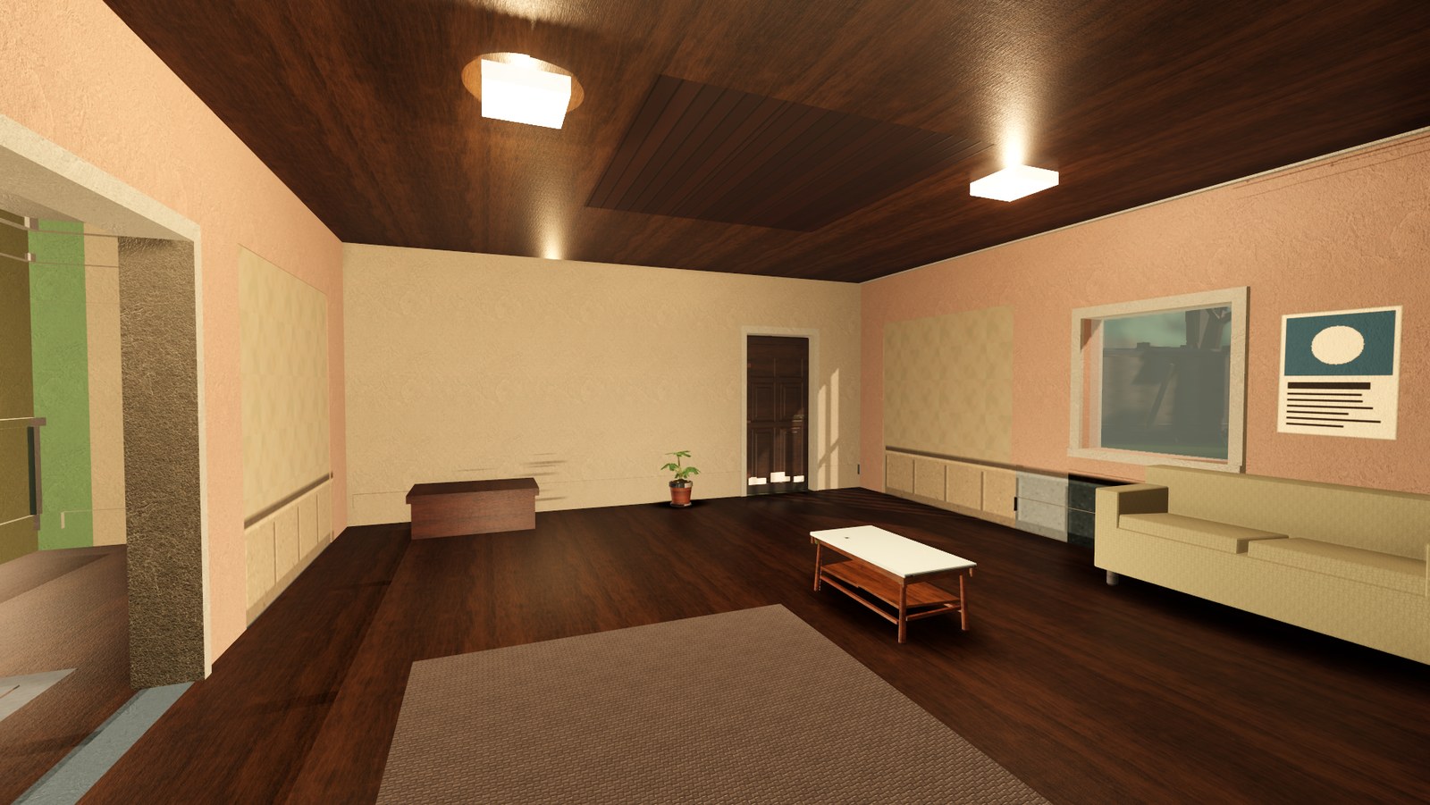 In-engine view of Great Room on Ashfold: the house's main reception room, looking down its length toward the hall doors.