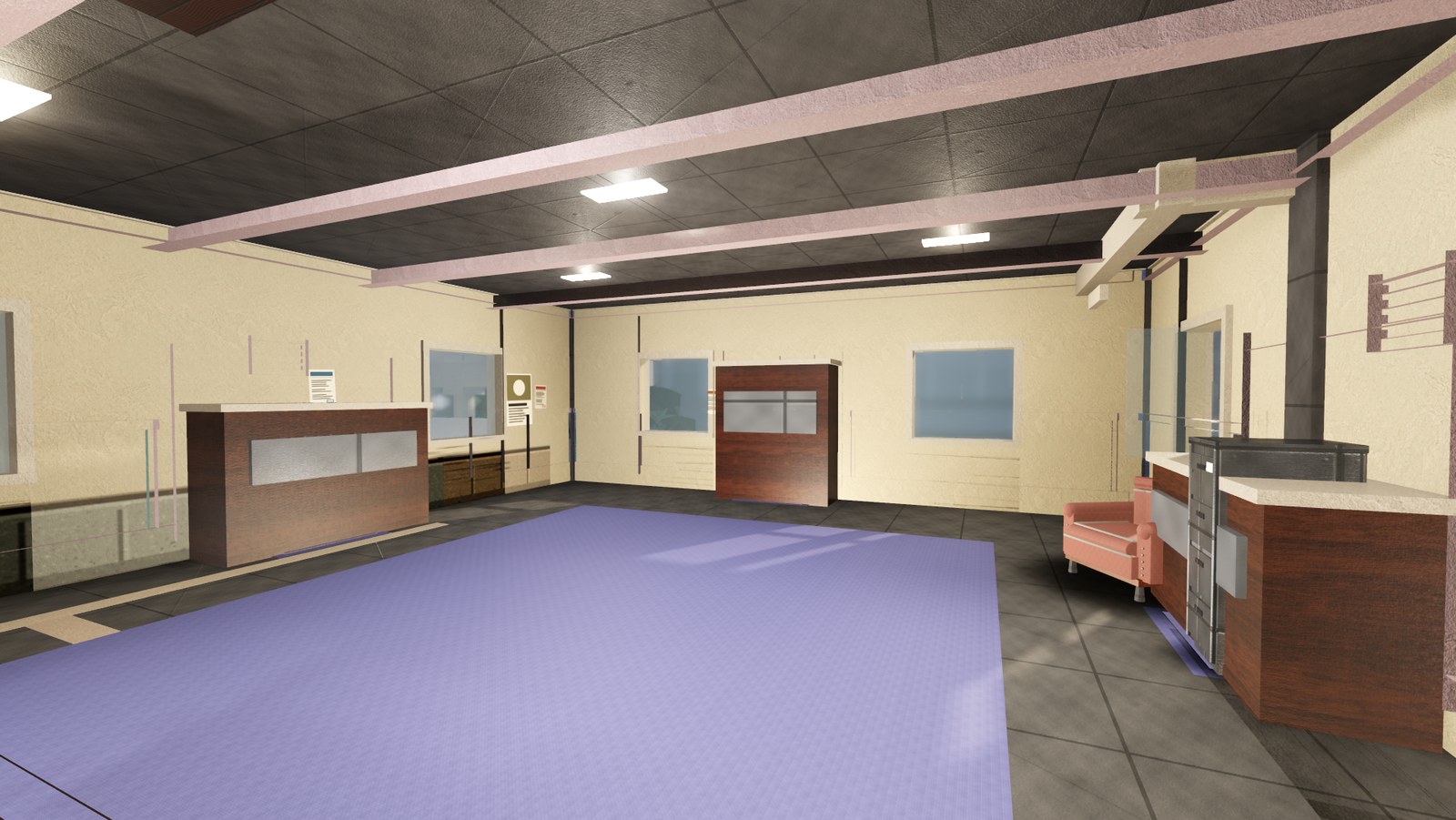 In-engine view of Stock on Bank: the upper stock room behind the offices, shelving down both walls.