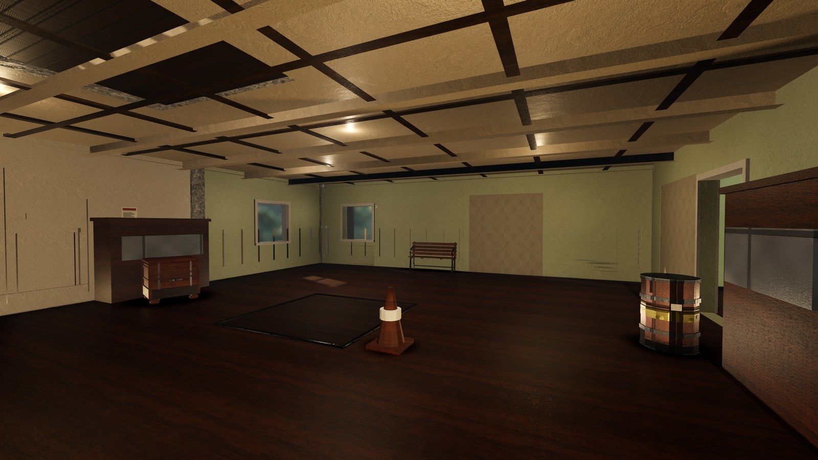 In-engine view of Loft on Barleymow: the hay loft over the bay, roof structure open above the boards.