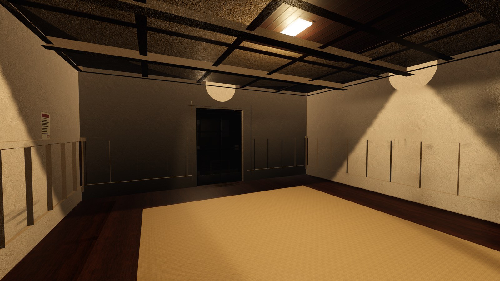 In-engine view of Cellar Hall on Dustwell: the cellar hall under the terrace, doors off both sides.