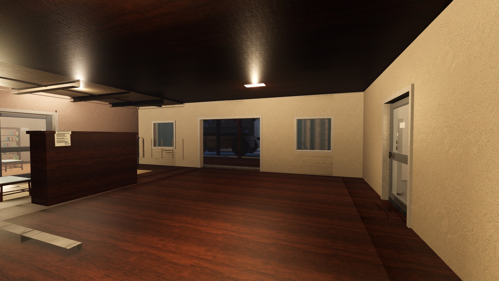 In-engine view of Lobby on Dustwell: the hotel lobby off the main street, stair and desk in one frame.