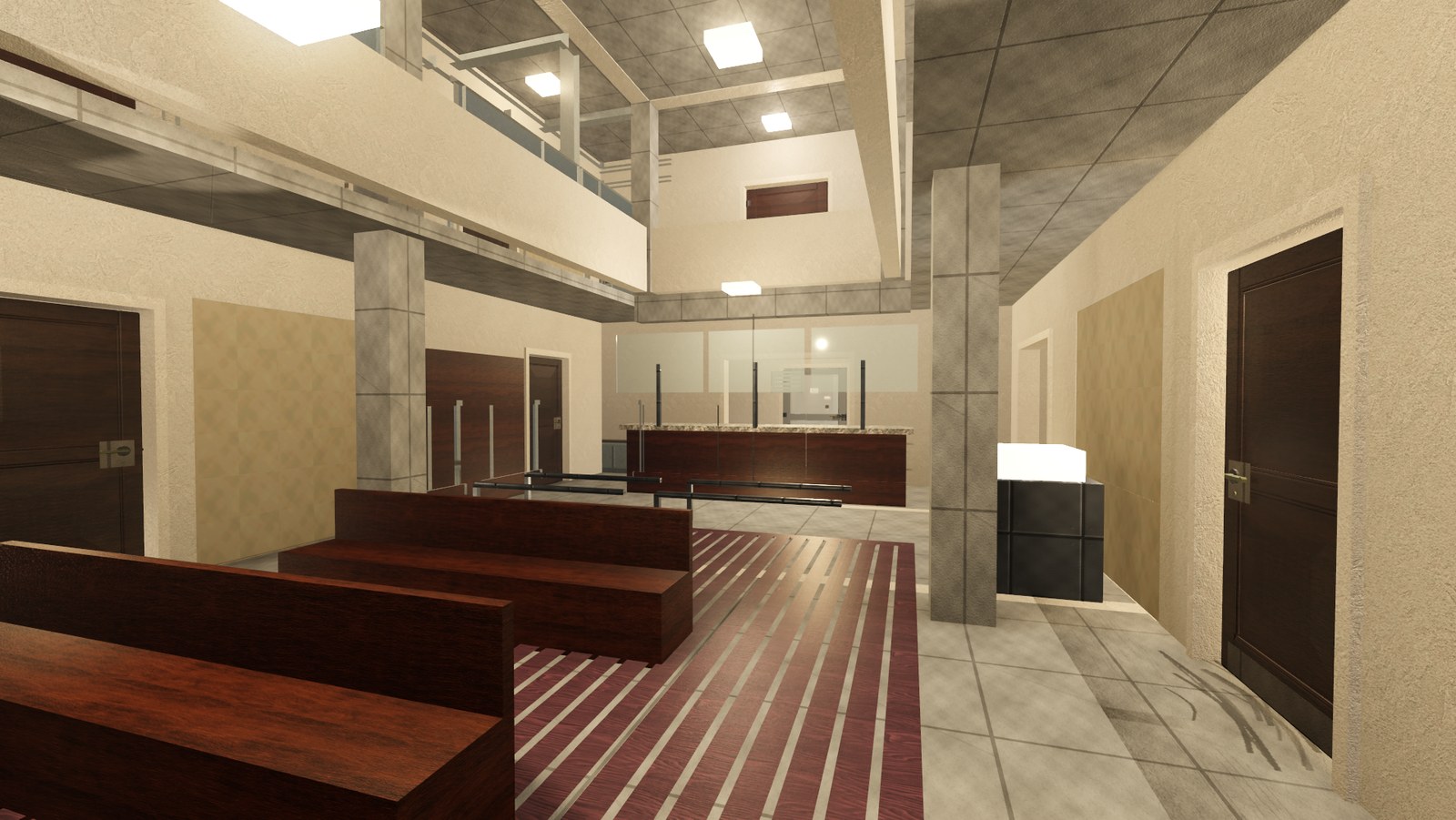 In-engine view of Permit Hall on Gridlock: the public permit hall, counters along one side and the street doors behind.