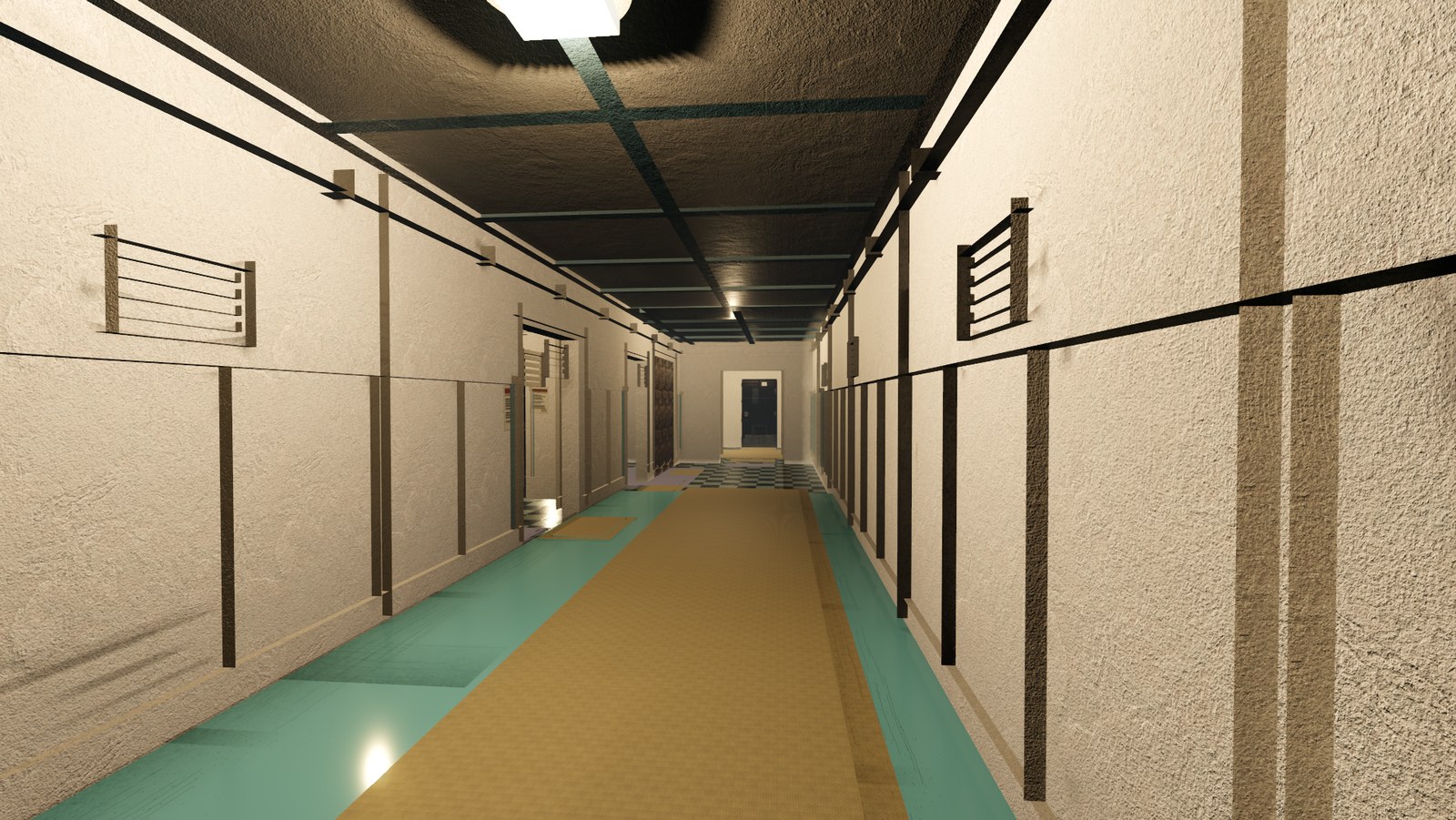 In-engine view of Lower Hall on Saltmarch: the basement service hall, 16 m of tiled corridor under the baths.