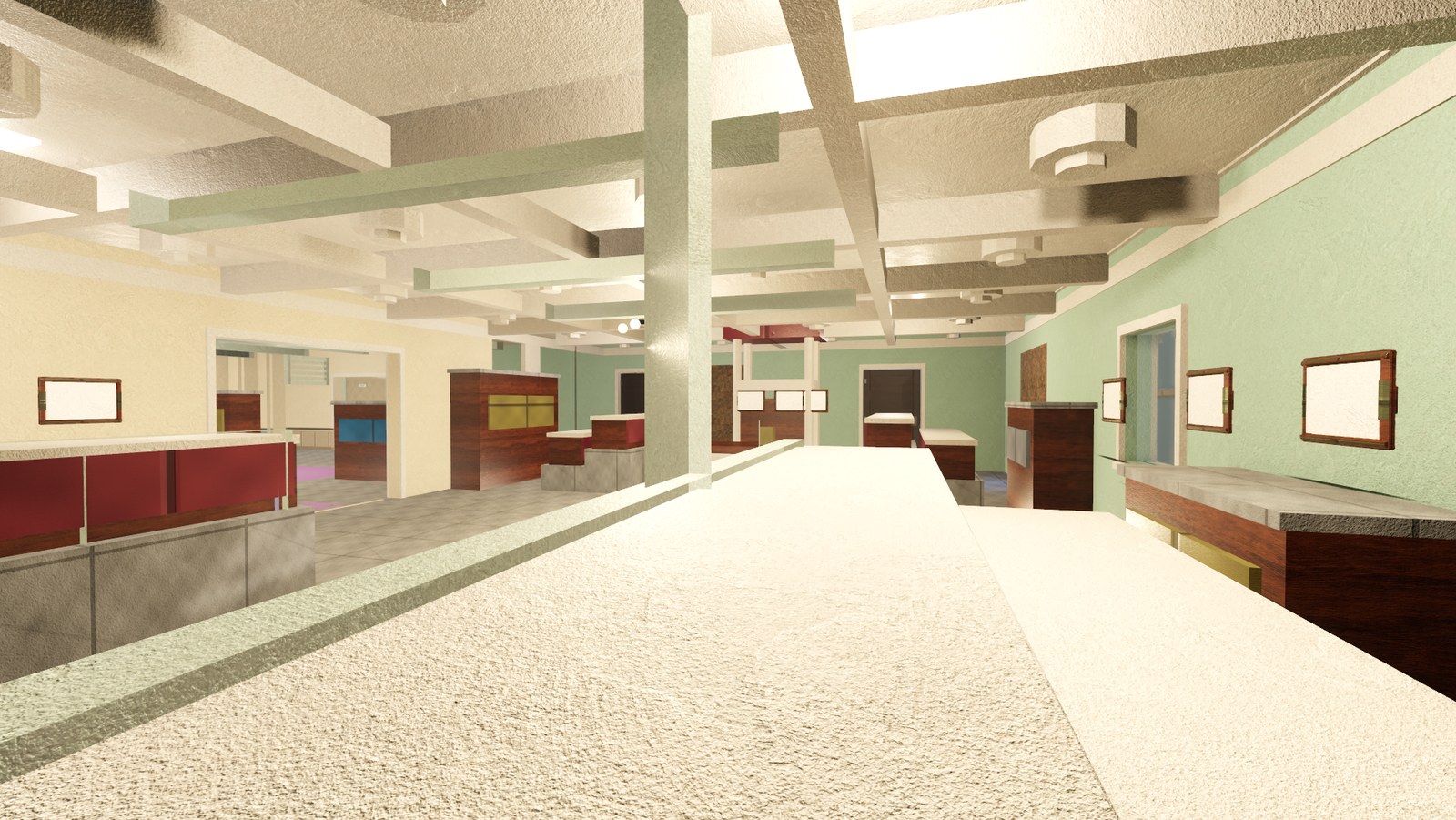 In-engine view of Senate Chamber on Verdigris: the upper senate chamber, benches stepped toward the far wall.
