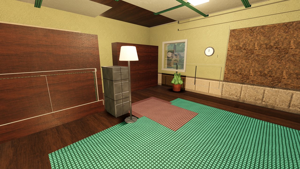Ashfold: a panelled ground-floor room inside the estate house, with a standing lamp and a window onto the grounds