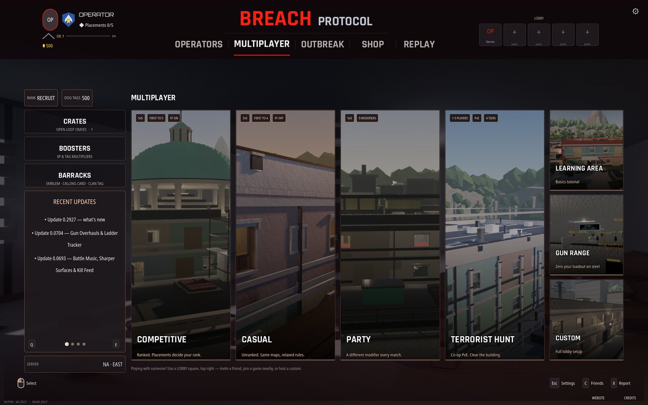 The main menu on the Multiplayer tab, showing playlist cards for Competitive, Casual, Party, Terrorist Hunt and Custom, with a learning area and gun range beside them