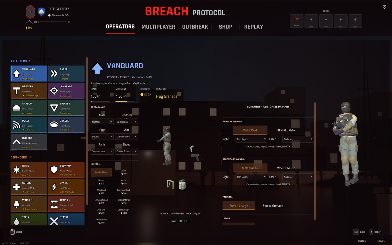The operator select screen: an attacker roster and a defender roster down the left, Vanguard selected, with appearance, uniform and loadout on the right