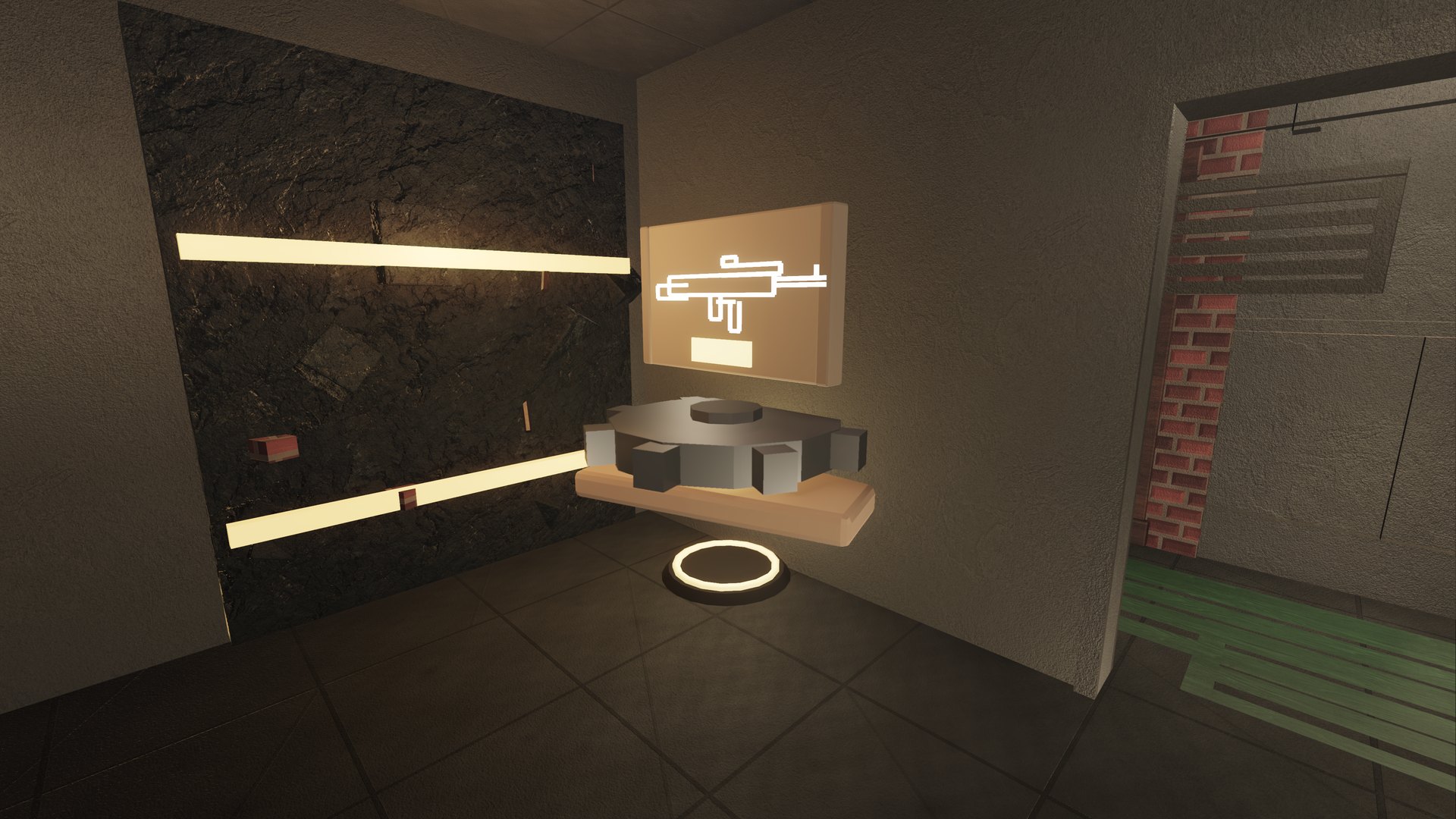 Outbreak: a wall-buy weapon panel glowing on the wall of a darkened interior, a buy station on the floor beneath it