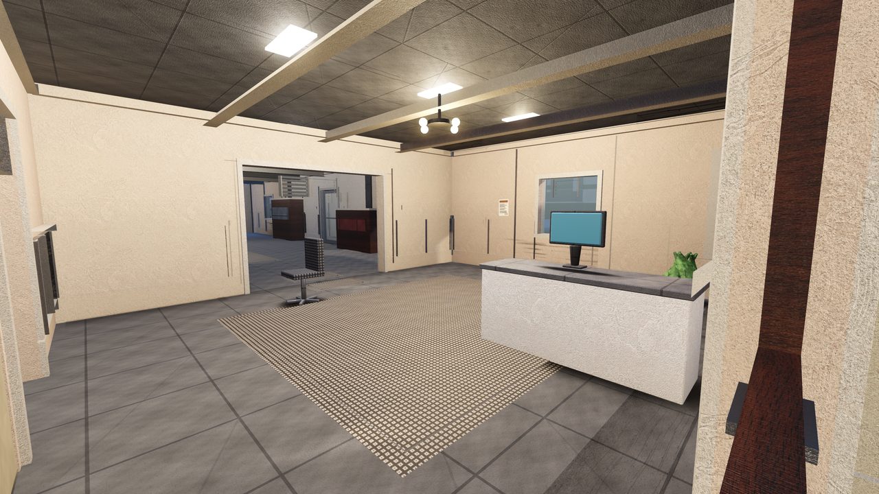 Bank: the strip-lit open floor behind the teller counters, a doorway leading through to more counters beyond