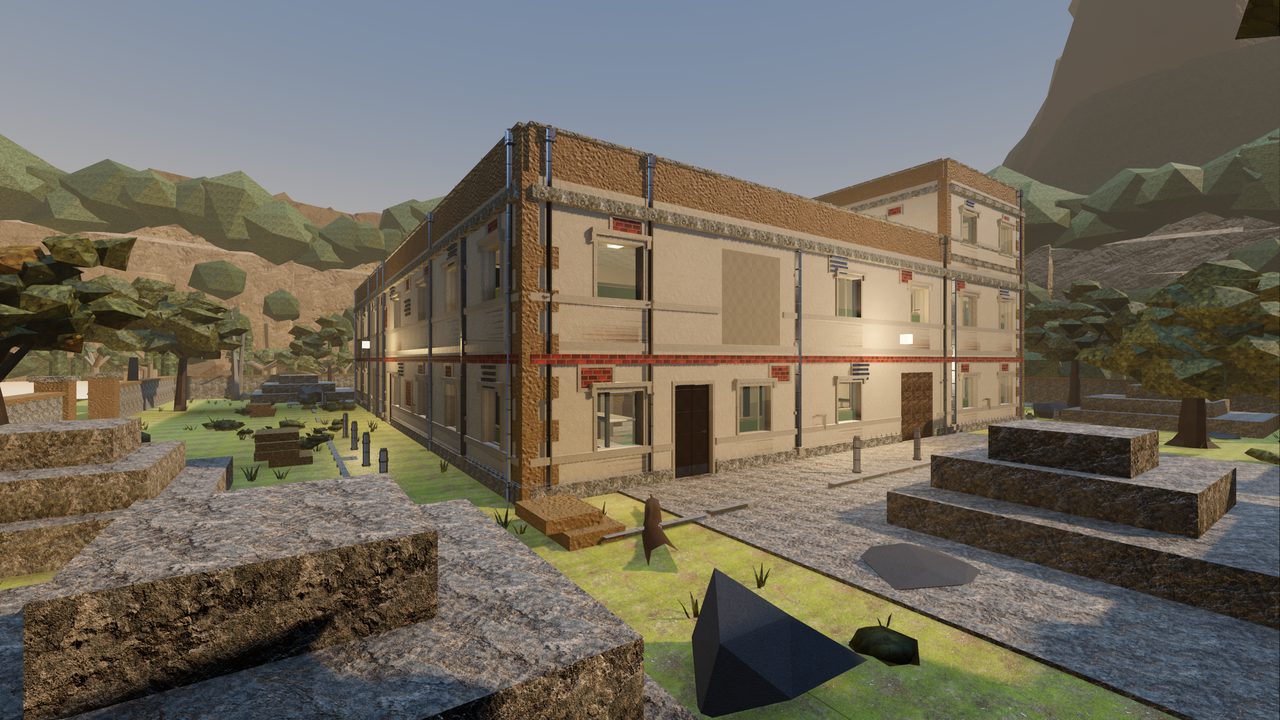 Dryrange: four stone ranges wrapped around an open courtyard, seen from above in low arid sun