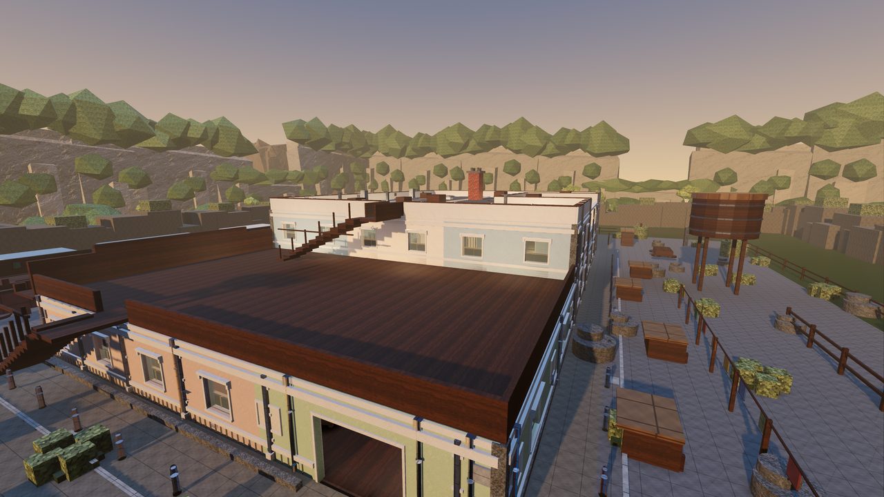 Dustwell: the rooftops of a frontier town in low evening sun, water tower to one side and a fenced yard behind