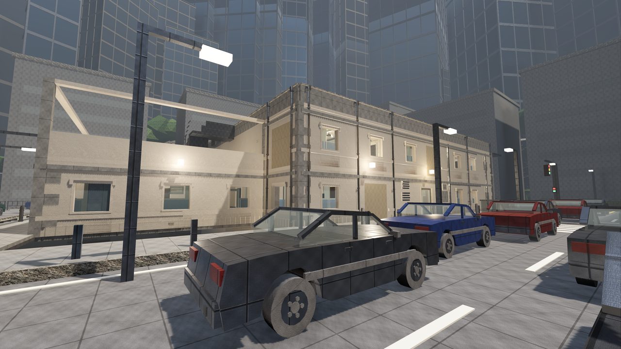 Gridlock: parked cars along the kerb outside the traffic-control block, city towers rising behind it