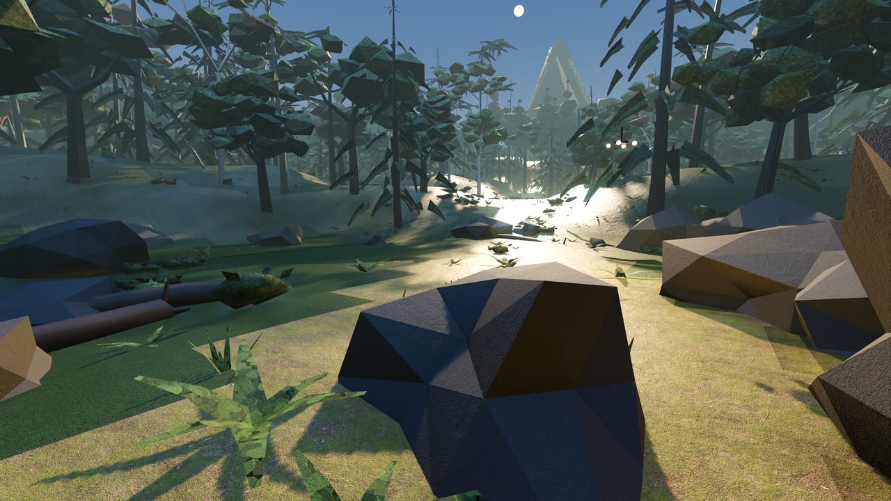 Stonehollow: a sunlit forest clearing, boulders and fallen trunks among old-growth trees on a hillside