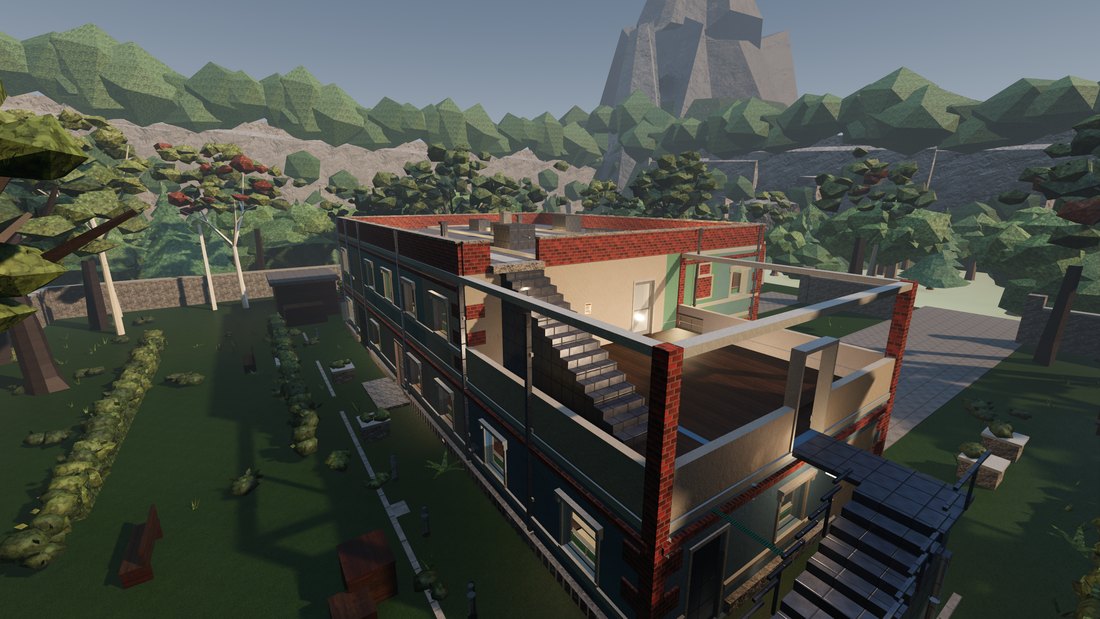 Ashfold seen from above, the roof open onto the top floor with its staircase, painted rooms and the floor below